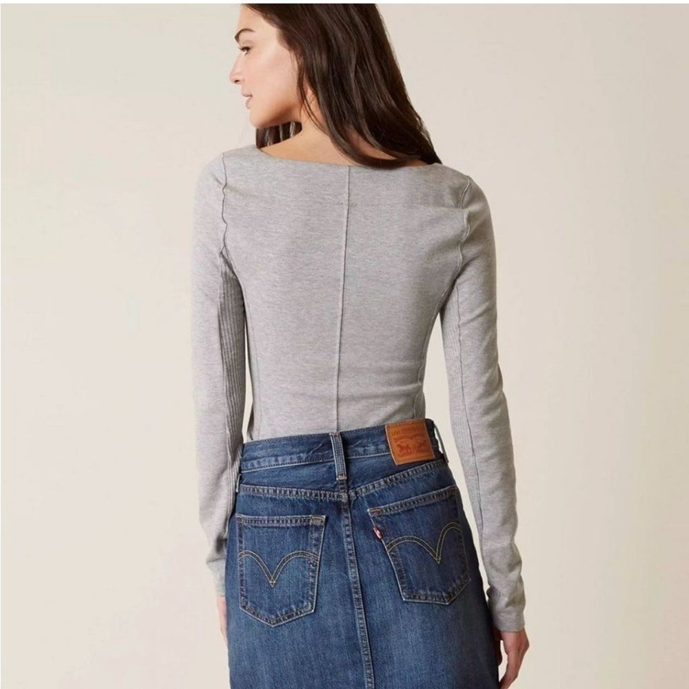 Free People Dove Gray Looking Back Lace Up Long Sleeve Top - Picture 3 of 16